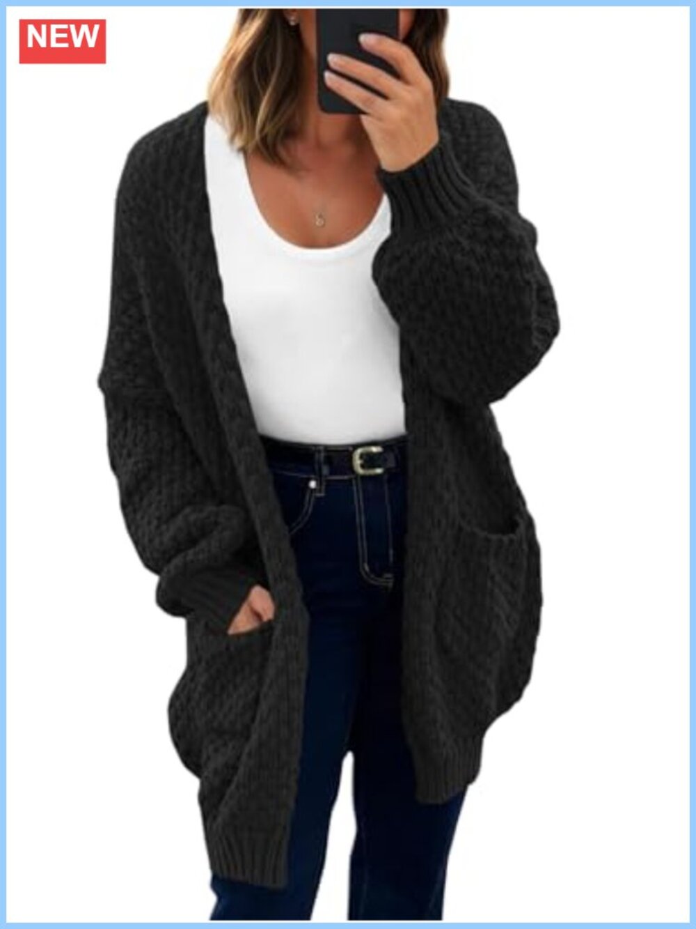 Oversized Open Front Waffle Knit Cardigan Lantern Sleeve Loose Fit
